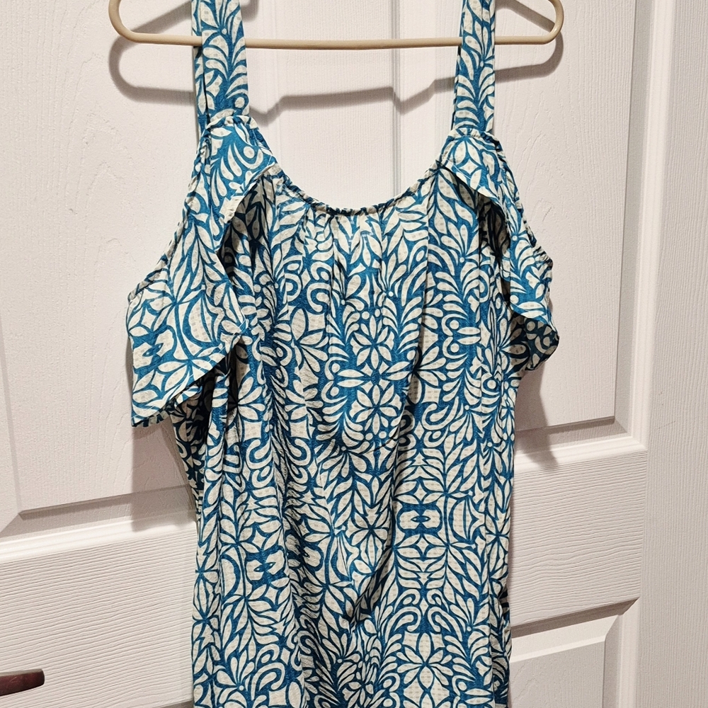 Avenue Blue and White Ruffled Sleeveless Tank Top